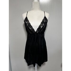 Vintage Trio Designs Black Lace Trim Babydoll Chemise‎ Nightie Women's Sz Medium